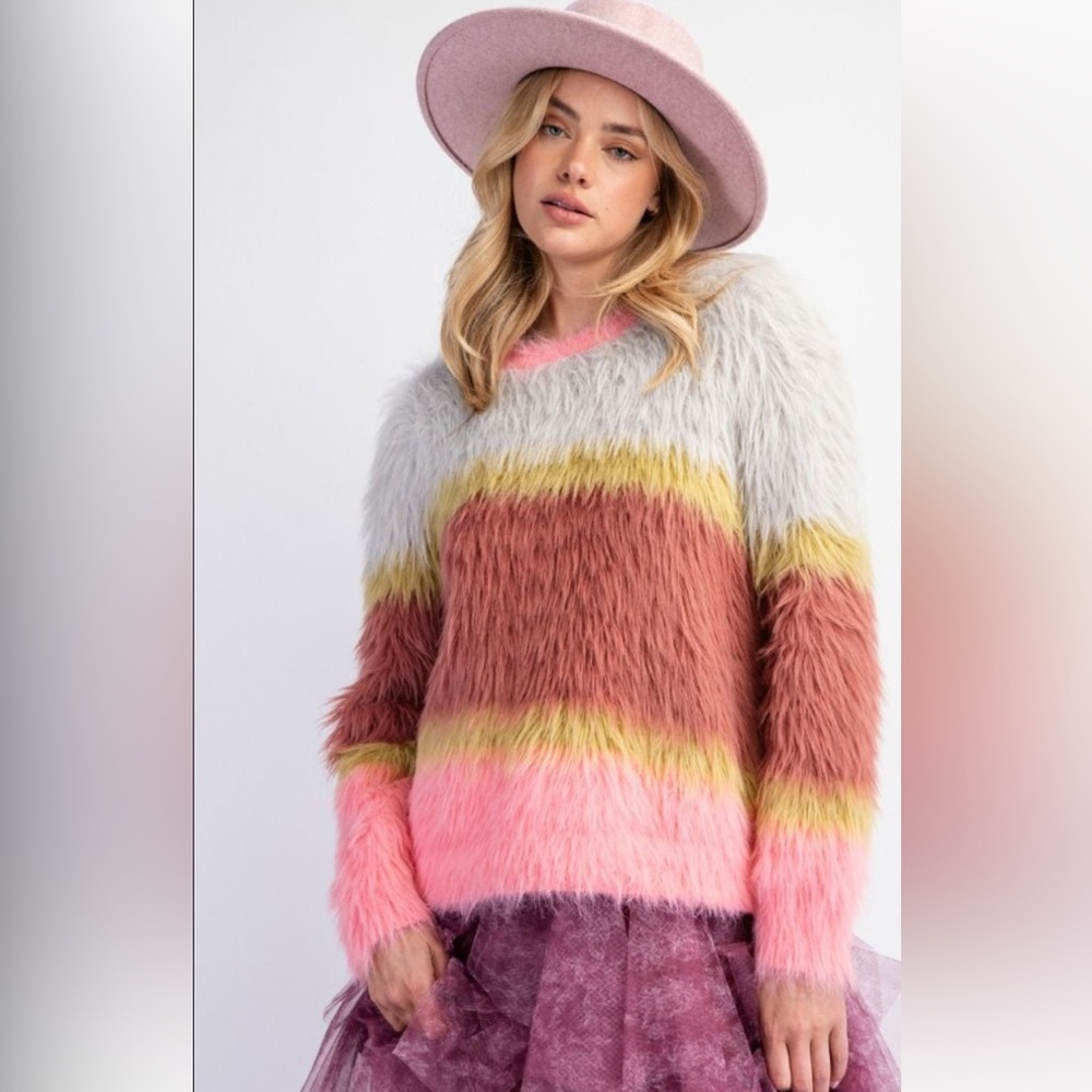 Fuzzy Striped Multi-Color Sweater - Women's